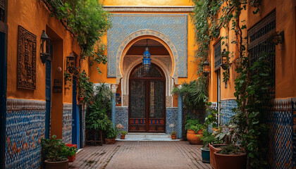 Fototapeta premium AI generator image of stunning view of the front facade of a traditional Moroccan riad, nestled in the vibrant streets of Marrakech.