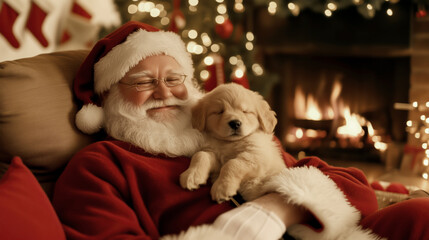 Obraz premium Santa Claus cuddling a golden retriever puppy by the fireplace