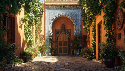 Fototapeta premium AI generator image of stunning view of the front facade of a traditional Moroccan riad, nestled in the vibrant streets of Marrakech.