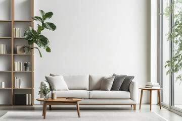 Modern living room with stylish sofa, wooden furniture, and greenery, creating serene and inviting atmosphere