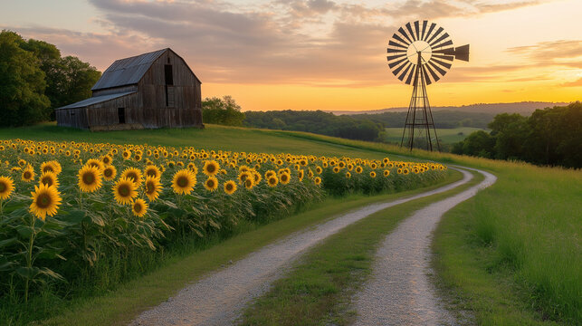 AI generator image of sunflower field on rolling hills, old decrepit barn in background, huge old windmill next to the barn, an ess shaped gravel road passing throught the sunflowers, golden hour