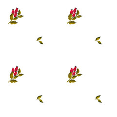 Fototapeta premium A seamless pattern featuring rosehip berries and green leaves on a white background. Perfect for elegant textile designs, wrapping paper, or wallpapers.