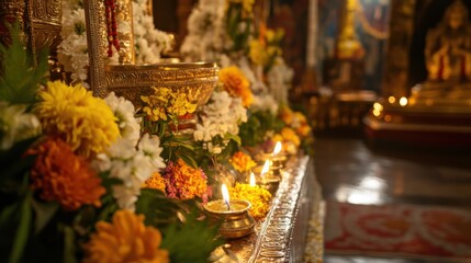 Decorated altar displaying Sanskrit text on traditional scripture