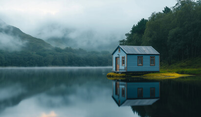 Fototapeta premium AI generator image of Wooden hut, log near the river,Idyllic nature view featuring a charming log cabin surrounded by wilderness,surreal and invisible floating tiny house 