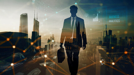 Double Exposure of Entrepreneur and Futuristic City with Digital Connections Generative AI 