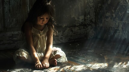 A neglected child sitting alone on the floor in a dimly lit room, portraying child abuse and emotional isolation