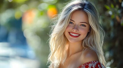Fototapeta premium Blonde woman smiling in summer dress and hat, natural background