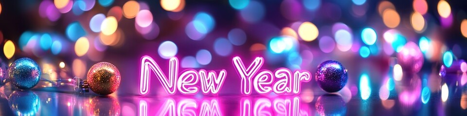 Obraz premium New Year celebration banner with colorful lights and baubles