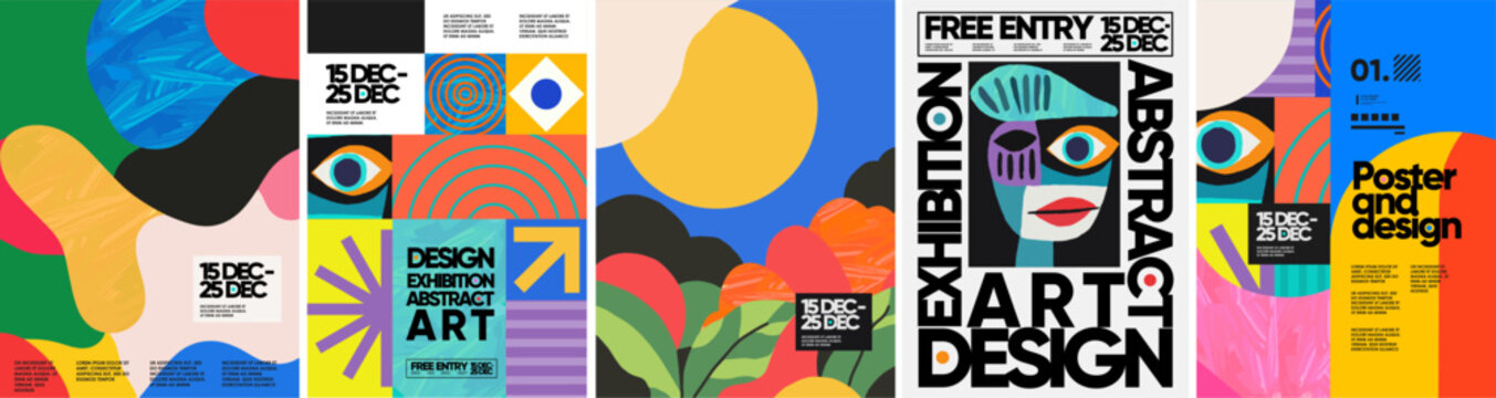 Abstract art for exhibition design. Vector geometric illustration of bright shapes, spots, objects, line, eye, portrait, abstract, pattern, nature for poster, background, flyer, brochure or cover