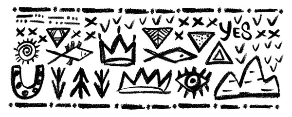 Vector set with african, mexican elements, tribal shapes and textile ornaments. Traditional ritual shapes, ethnic circles and borders. Mystic symbols , folk shapes