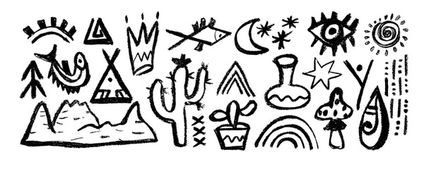 Set of Mexican  tribe sign and symbols. Abstract aztec totem idols, ancient inca maya civilizations primitive traditional signs. Vector ornament of native americans, aztecs, maya, incas.