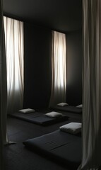 Curtains, pillows, and dark room.