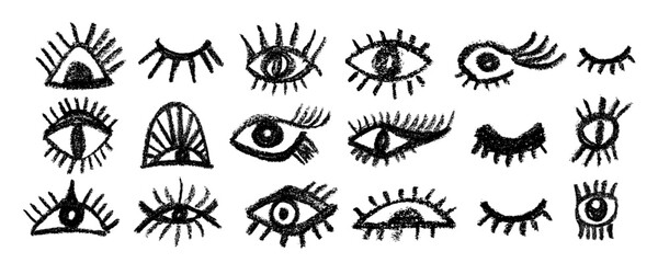 Vector collection hand drawn eyes in simple doodle style . Open black eyes hand-drawn with bold lines. Open and closed  eye  set. 
