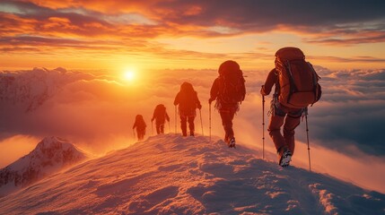 Obraz premium Silhouette Professional hiking climbing team mountain a goal and objective target