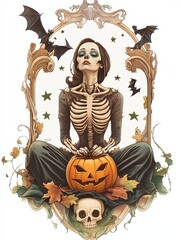 Enigmatic skeleton woman with Halloween pumpkin and bats