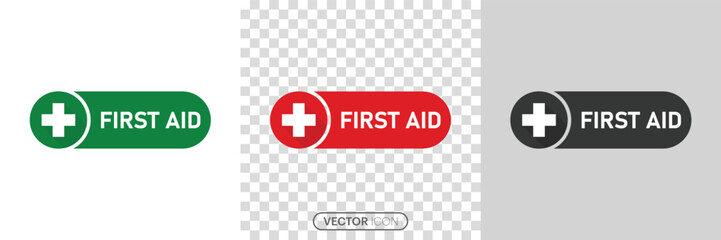 First aid sign, green FIRST AID sign with text and cross symbol Sign, health cross medical symbol icon in linear style on white and transparent background. vector illustration