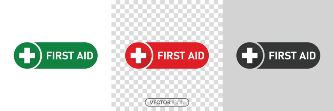 First aid sign, green FIRST AID sign with text and cross symbol Sign, health cross medical symbol icon in linear style on white and transparent background. vector illustration