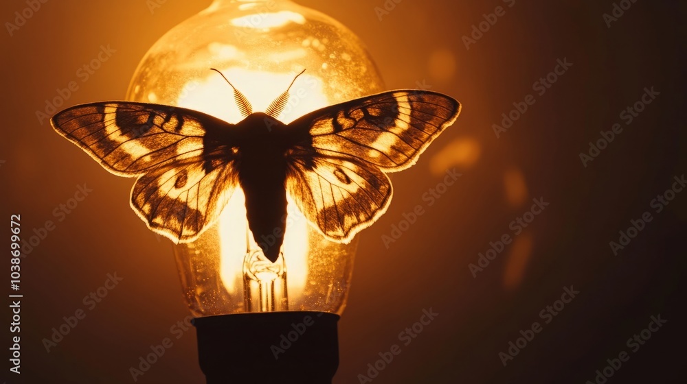 Poster a moth with intricate wing patterns is silhouetted against a glowing lightbulb, creating a captivati