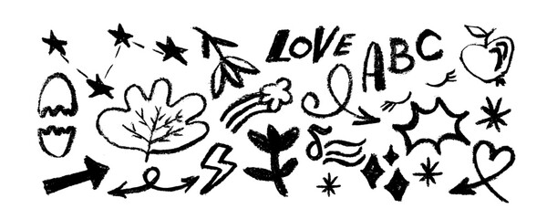 Collection of hand drawn black charcoal doodle shapes and squiggles in childish girly style. Pencil drawings isolated on white. Apple, flower, arrow, letter, stars, rainbow and cloud doodle collage 