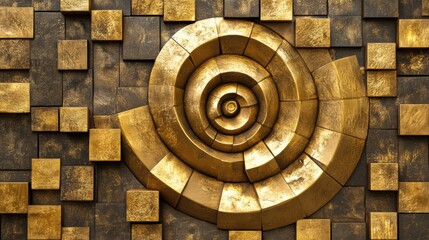Fototapeta premium An elaborate pattern features a golden spiral interwoven with a series of squares and rectangles, reflecting modern abstract design. Generative AI