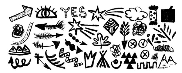 Obraz premium Charcoal graffiti doodle punk shapes collection. Crayon drawn lightnings, crowns, arrows, eye, tick, stars and squiggles. Hand drawn abstract vector scribbles and squiggles, punk icons 