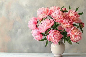 Naklejka premium Beautiful peonies in vase on table against grunge background