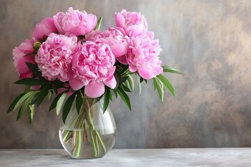 Beautiful peonies in vase on table against grunge background