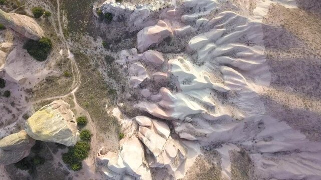Vertical drone video of the breathtaking geological rock formations in Cappadocia Turkey