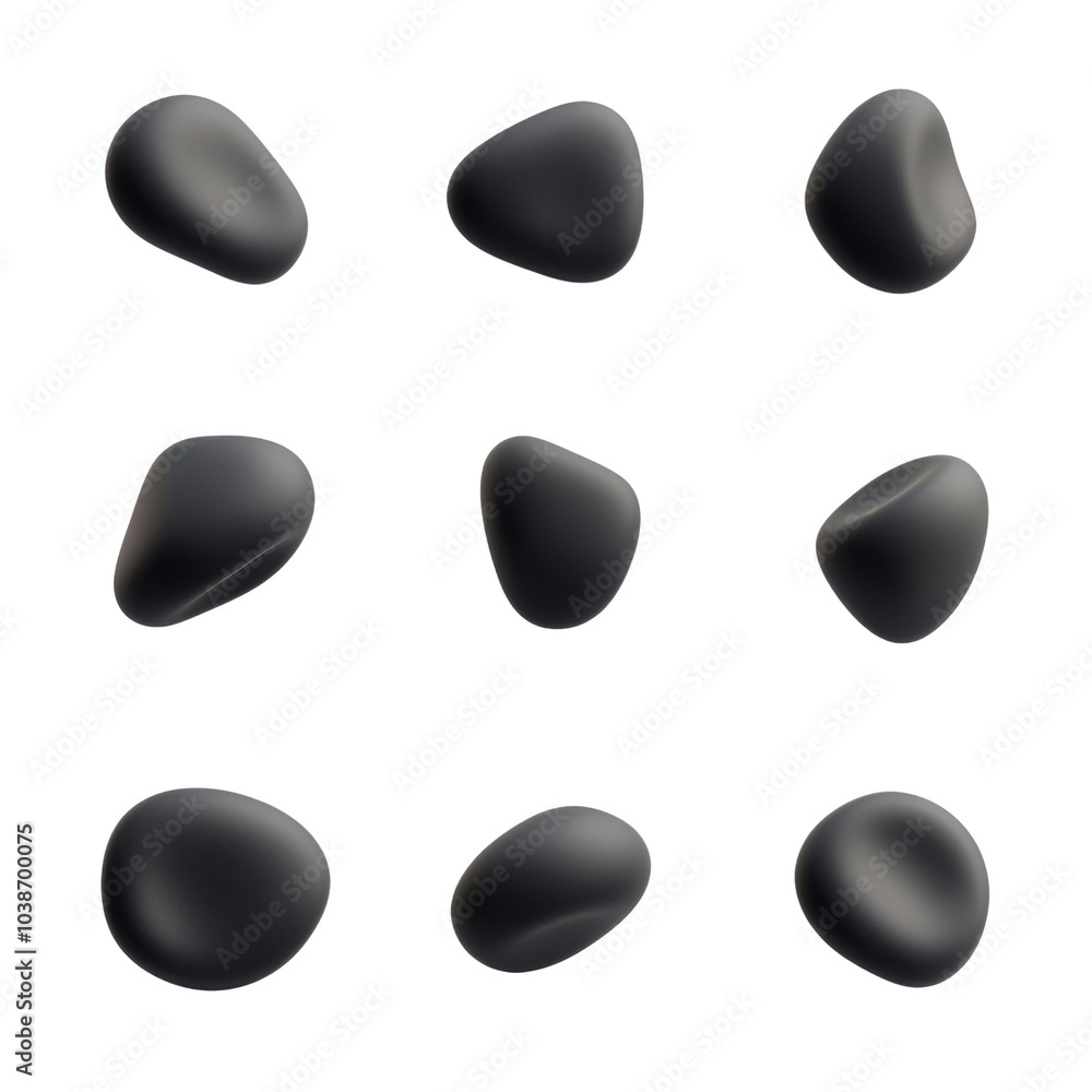Poster set of abstract black freeform shape form 3d render icon isolated on transparent background cutout