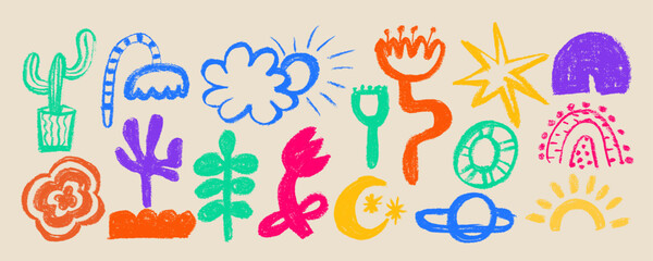 Collection charcoal doodle elements like stars, flowers, cactus,  crescent moon and  planet. Hand drawn pencil squiggles and speckles, creative abstract doodle style elements isolated on white.