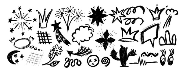 Collection of hand drawn black charcoal doodle shapes and squiggles in childish girly style. Pencil drawings isolated on white. Cactus, flower, crown, cloud, stars,  and cloud doodle collage elements.