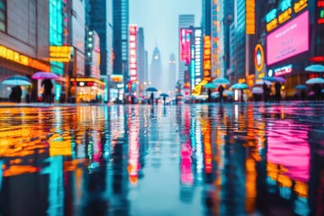 Fototapeta premium City street with reflections, colorful lights, and umbrellas on a rainy day.