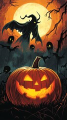 Fototapeta premium Spooky Halloween scene with glowing pumpkin and ghostly figures