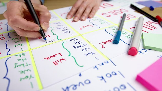 Concept of learning English. Hands of teacher pointing at words written on paper, lesson. Education and grammar.