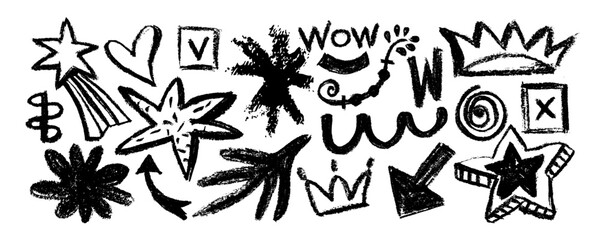 Set stars, meteorite and figure doodle style drawn by hand. Grunge scrawls, charcoal scribbles, rough brush strokes. Bold charcoal freehand stars. Crayon or marker scribbles