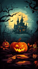 Fototapeta premium Spooky Halloween scene with haunted house and glowing pumpkins