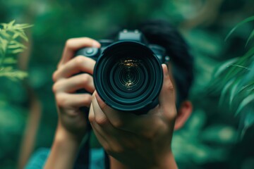 Close up of photographer hands holding camera with nature green blurred background.