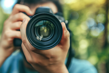 Close up of photographer hands holding camera with nature green blurred background.