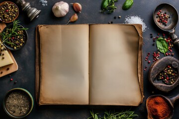Old cookbook with blank pages on dark background with spices