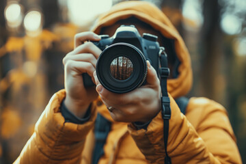 Fototapeta premium Close up of photographer hands holding camera with nature green blurred background.