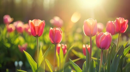 Beautiful tulips blooming in the garden with sun light.