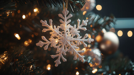 Fototapeta premium A sparkling snowflake ornament hangs on a Christmas tree branch, surrounded by festive lights, creating a warm holiday atmosphere.