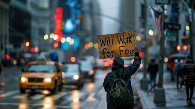 A person holding a "Will Work for Food" sign at a busy intersection, capturing the desperation of unemployment