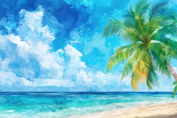 Fototapeta premium Tropical Beach Getaway. Watercolor Seascape with Blue Sky and Clear Waters