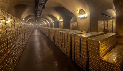 Obraz premium AI generator image of a lot of gold bars storage room,stacks of gold bars in storage in a bank vault,stacks of gold bars in storage in the basement vault of a bank