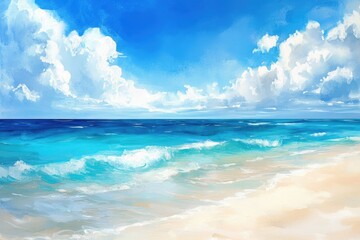 Tropical Paradise Seascape. Hand painted Watercolor Illustration of a Tranquil Beach Vacation Destination