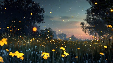 Fototapeta premium Fireflies illuminating a summer night in a field