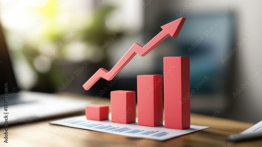 Poster red arrow with bar graph on white background upward trend