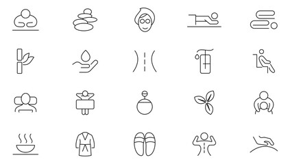 Fototapeta premium Massage line icon set. Relaxation, spa, sleep, yoga, health, lifestyle, spiritual practice, skin care, massage, hyaluronic acid, serum, pore tightening, and cosmetology icon set. UI thin line icon