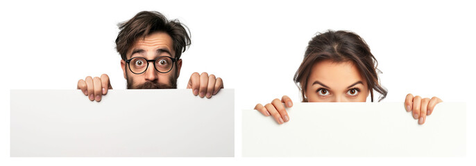Close up portrait of funny man and woman peeking over white sign board isolated transparent background, cutout PNG